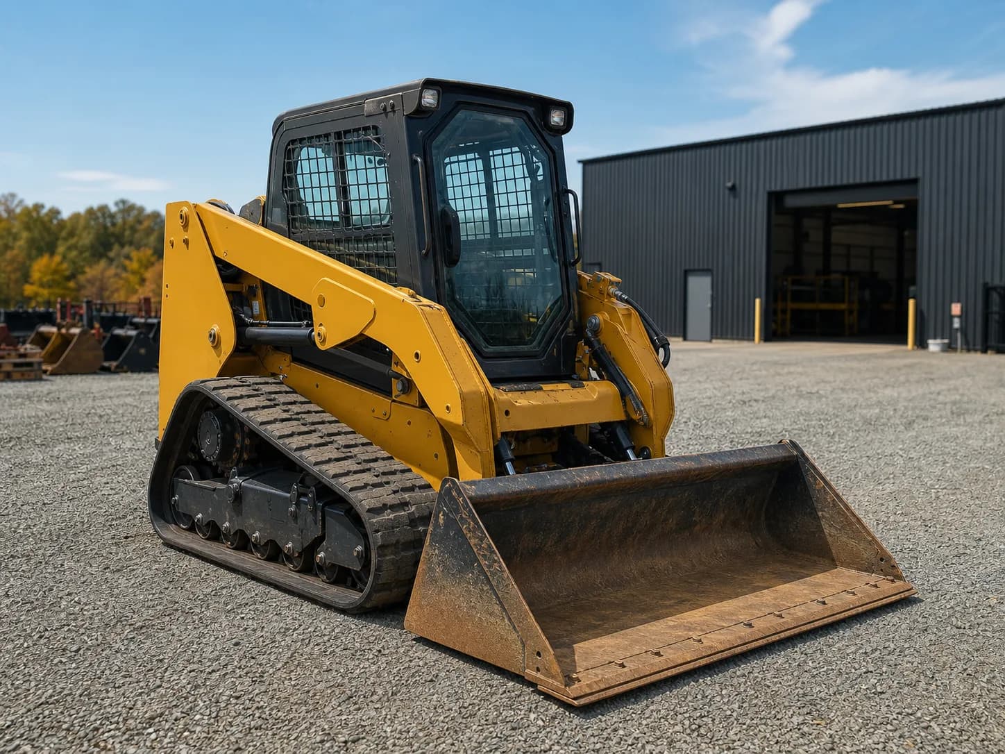 Yellow compact track loader with bucket on a gravel lot
